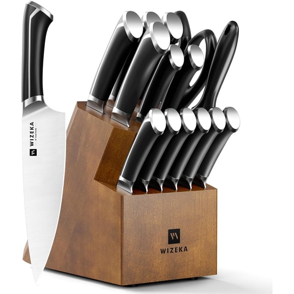 15-Piece knife set, High Carbon Stainless Steel Kitchen Knife Set, Ultra Sharp Knife Block Set with Sharpener, Black, Crown Series