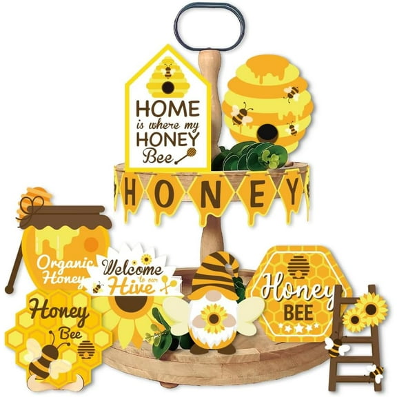 15 Pieces Bee Gnome Themed Tiered Tray Decor Set Honey Bee Signs Table Top Decor Rustic Farmhouse Style