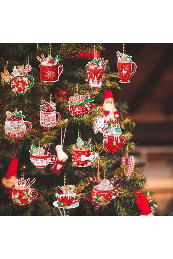 15 Pieces Christmas Diamond Painting Keychain Ornaments 5D DIY Hot Cocoa Art for Kids Crafts Family Decor (Cute)