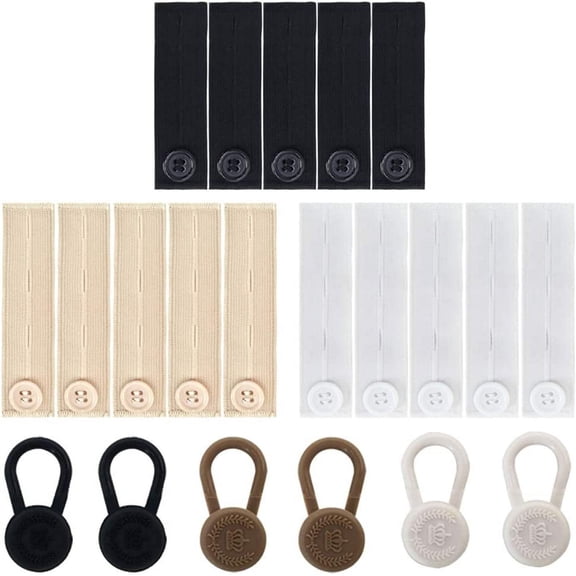 15 Pieces Elastic Waist Extenders and 6 Pants Button Extenders, SourceTon Two Types Strong Adjustable Pants Button Extenders in Black, White and Khaki for Jeans, Trousers and Skirt