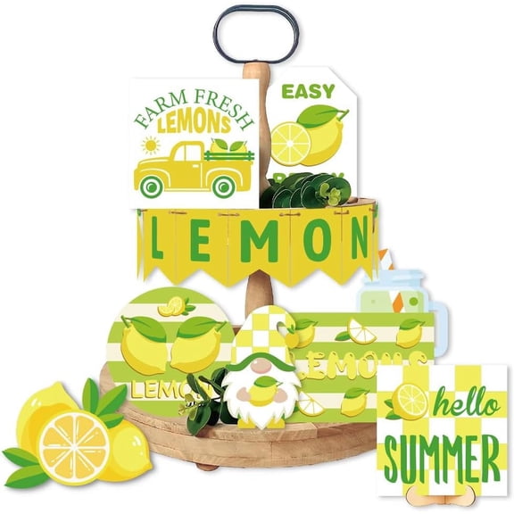 15 Pieces Lemon Tiered Tray Decor Farm Fresh Lemons Wooden Signs Summer Kitchen Farmhouse Decor Lemon Wood Blocks Sign for Layered Pallets