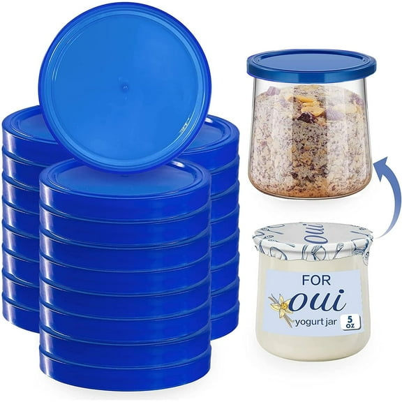 15 Pieces Oui Yogurt Jar Lids, Yogurt Container Lids, Clear Plastic Blue Oui Lids for Cookie Coffee Supplies Glass Jars Containers