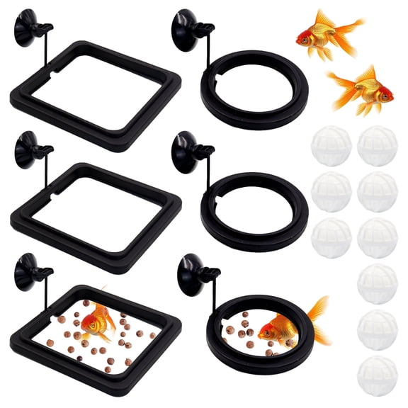 15 Pieces Plastic Floating Fish Feeding Ring with Strong Suction Cup & Filter Ball, Small Round and Square Betta Feeding Ring, Reusable Aquarium Turtle Feeder for Goldfish Guppy Neon Tetra, White