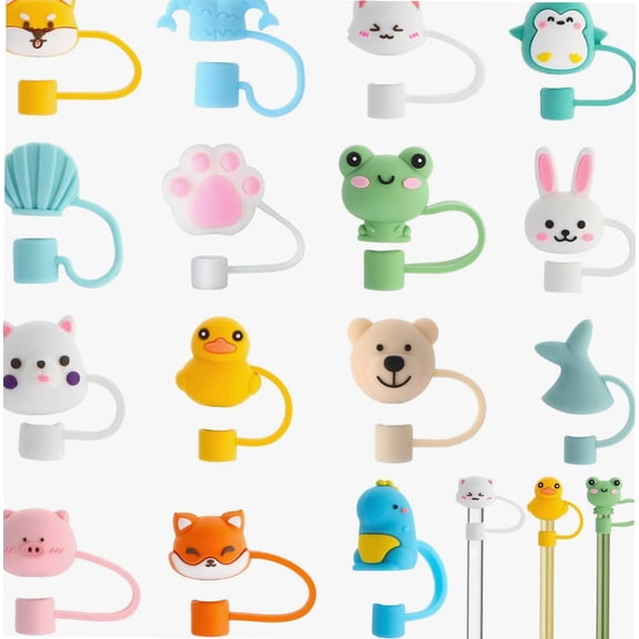 15 Pieces Reusable Drinking Straw Lids Straw Tips Cover Straw Plug Drinking Dust Cap for 6-8 mm Straws, Animal Styles