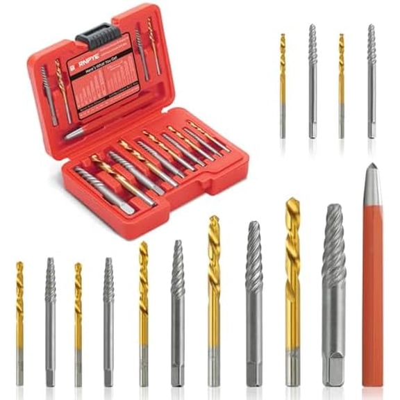 15 Pieces Screw Extractor Kit, 37# Cr-Mo & 6542 Hss Steel Cobalt Left Hand Drill Bits Set for Removing Broken Bolt and Rounded Nut, Ez Out Stripped Screw Set with Center Punch$$