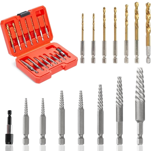 15-Pieces Screw Extractor Set, 37# CR-MO & 6542 HSS Steel Cobalt Left Hand Reverse Drill Bit with 1/4'' Adaptor, Ez Out Stripped Tiny Bolt Remover Kit, Easy Out Broken Screw Head Speed Out Tool