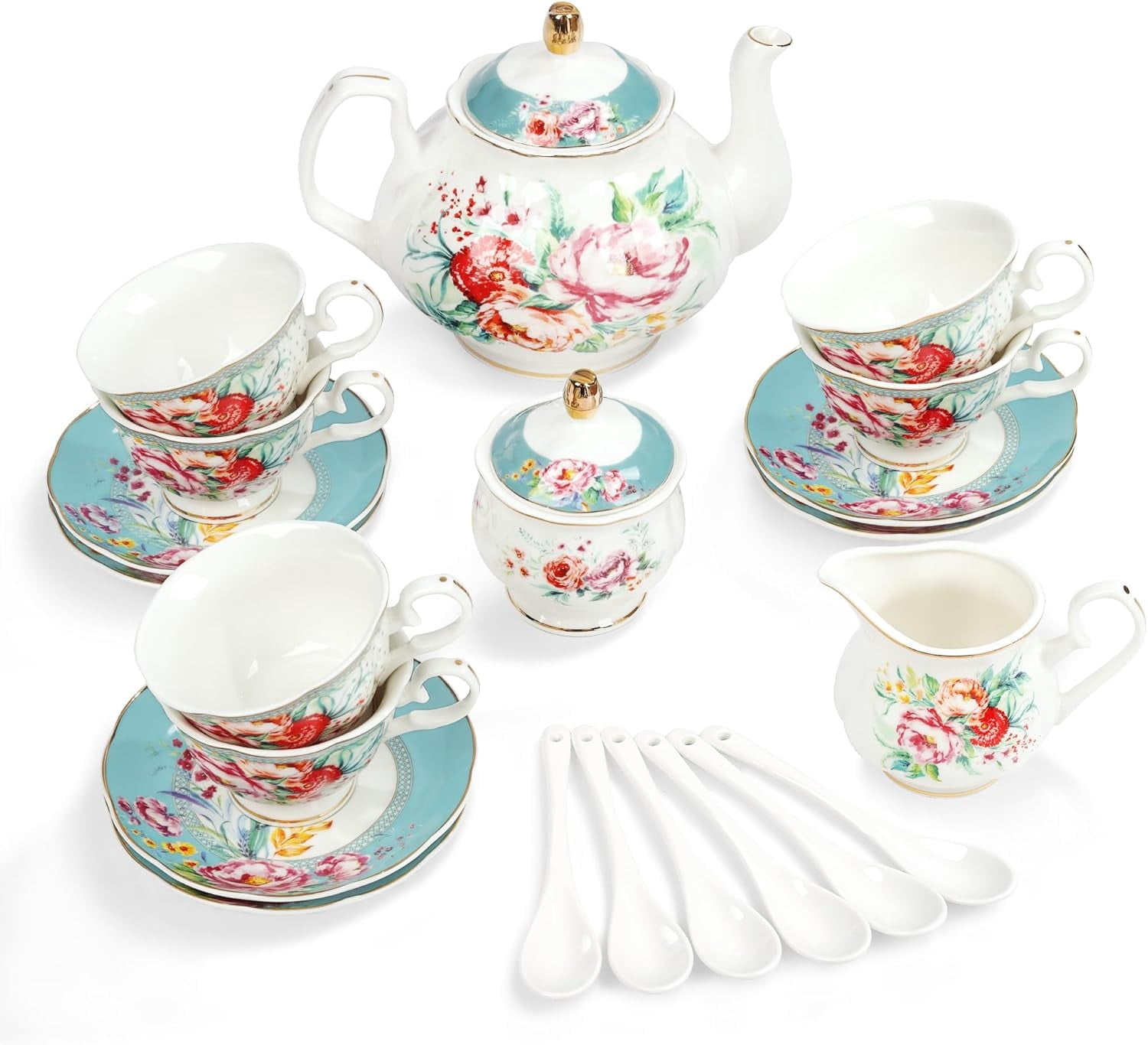 15 Pieces Simple White English Ceramic Tea Sets,Tea Pot,Bone China Cups ...