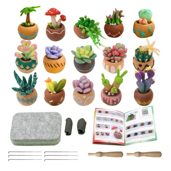 15 Pieces Succulent Plants Needle Felting Kit, Wool Felting Kit with Pad, Finger Cots, Needle, Wooden Felting Tool, Instruction, Needle Felt Start Kit Supplies for Beginners Adult DIY Decor