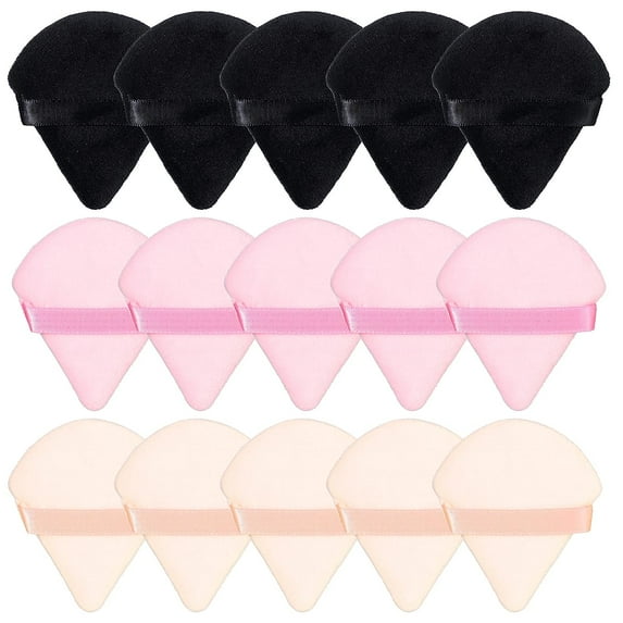 15 Pieces Triangle Powder Puff Soft Makeup Puff Velour Face Makeup Sponge Puff for Loose Mineral Powder Cosmetic Body Contouring Tools (Black, Pink, Apricot)