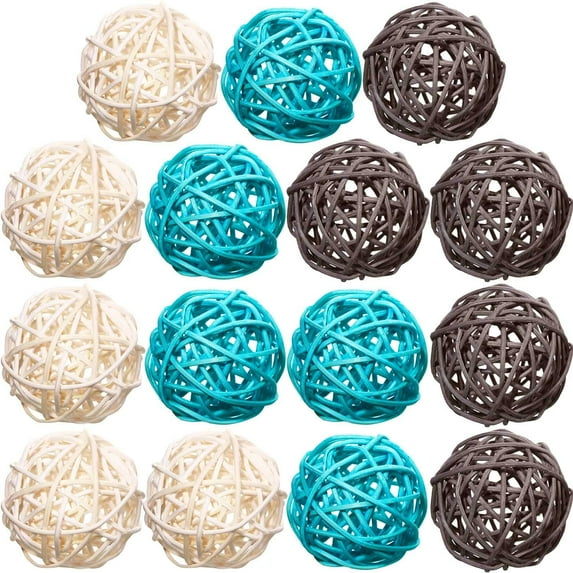 15 Pieces Wicker Rattan Balls Decorative Orbs Vase Fillers for Craft, Party, Wedding Table Decoration, Aromatherapy Accessories, 1.8 Inch(Light-Blue White Gray)