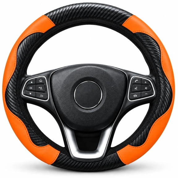 Orange Steering Wheel Cover, 14.5-15 Inch Universal Fit Carbon Fiber PU Leather Car Steering Wheel Cover, Elastic Anti-Slip Comfortable Grip for Cars SUVs Trucks, Orange & Black