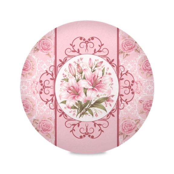 15" Pink-lily Frame Printed Round Placemats Set of 1 Heat Resistant Table Mat for Kitchen for Party Deco