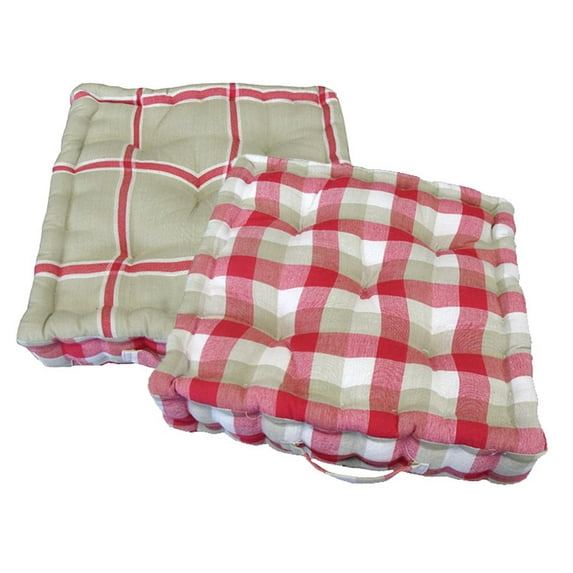15" Plush Pink White and Beige Plaid Reversible Indoor Chair Cushion