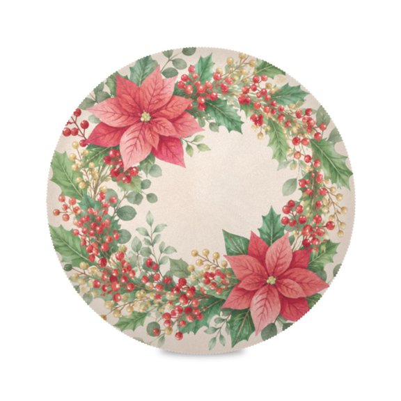 15" Poinsettia Berry Watercolor Printed Round Placemats Set of 6 Heat Resistant Table Mat for Kitchen for Party Deco
