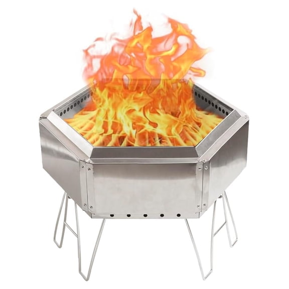 15" Portable Stainless Steel Outdoor , Collapsible Hexagon Smokeless Wood Burning Fireplace for Camping, Backyard Patio Garden Bon Fire Heater Wood Burning Bowl