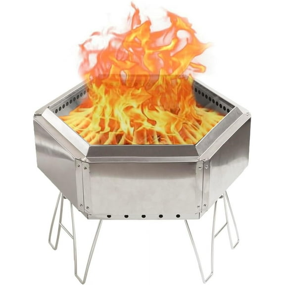 15" Portable Stainless Steel Outdoor Fire Pit, Collapsible Hexagon Smokeless Bonfire Wood Burning Fire Pit Fireplace for Camping, Backyard Patio Garden Bon Fire Heater Wood Burning Bowl