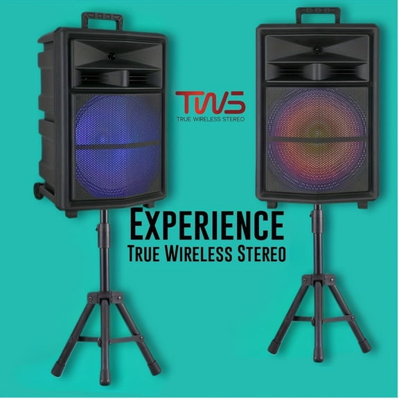 15" Portable Wireless PA Speaker System with Large Subwoofer And LED Light, Includes Stand And Wired Microphone - Ideal for Outdoor Home Parties And Camping - Compatible with USB/TF/AUX/TWS