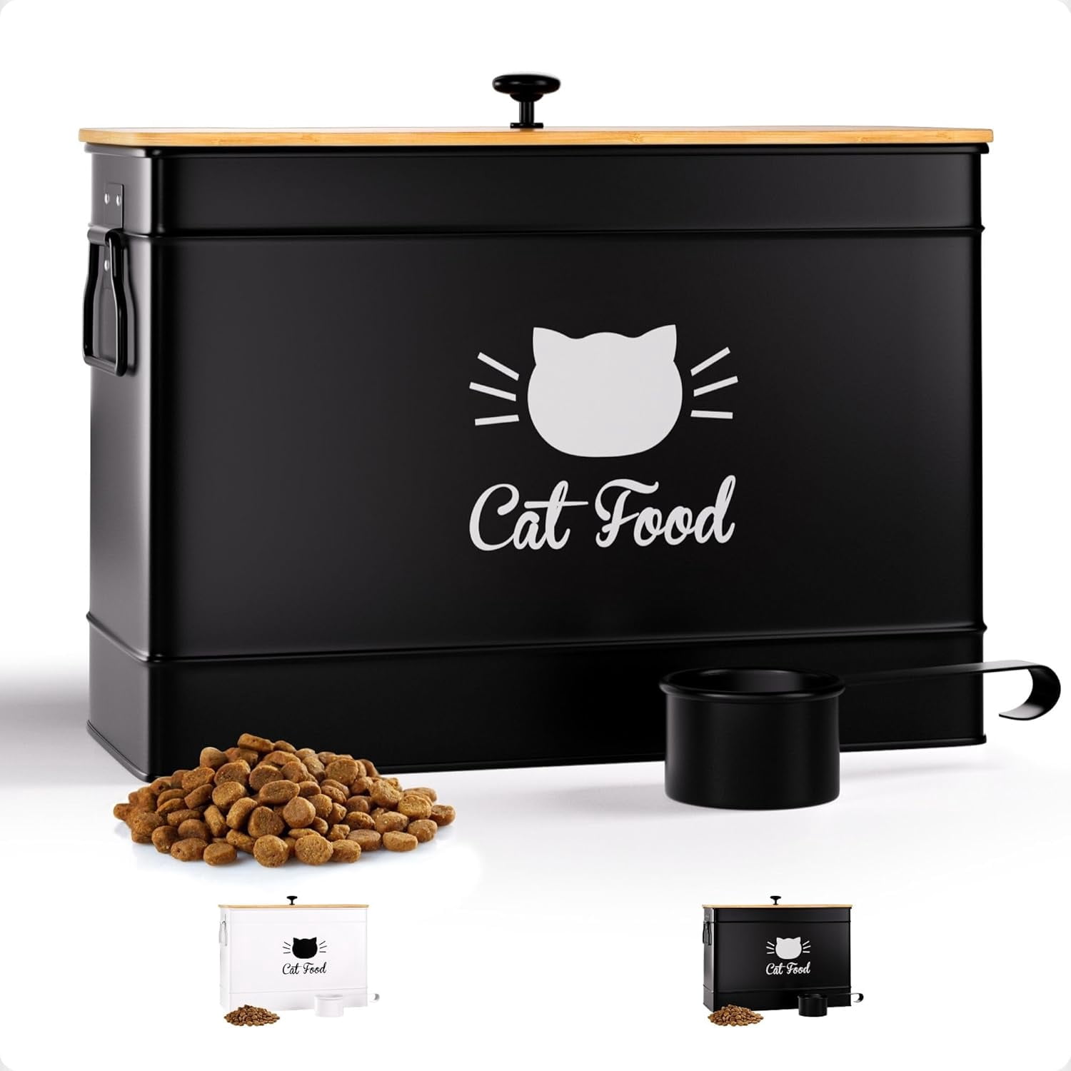 15-Pound Metal Cat Food Container - Airtight Bamboo Seal & Matching ...