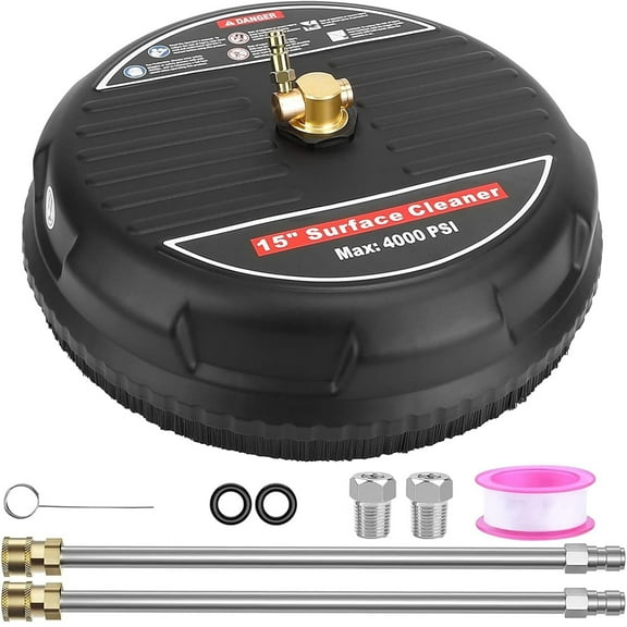 15'' Pressure Washer Surface Cleaner, 4000PSI Power Surface Cleaner, Power Washer Attachment with 2 Extension Wand & 2 Replacement Nozzles, 1/4" Quick-Connect,4.0GPM Max Flow Rate