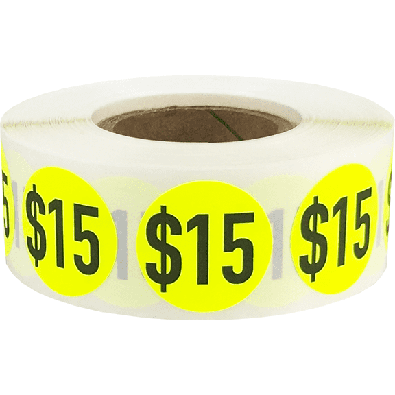 $15 Price Stickers Fluorescent Yellow .75 Inch Round Circle Dots 500 Total Adhesive Stickers