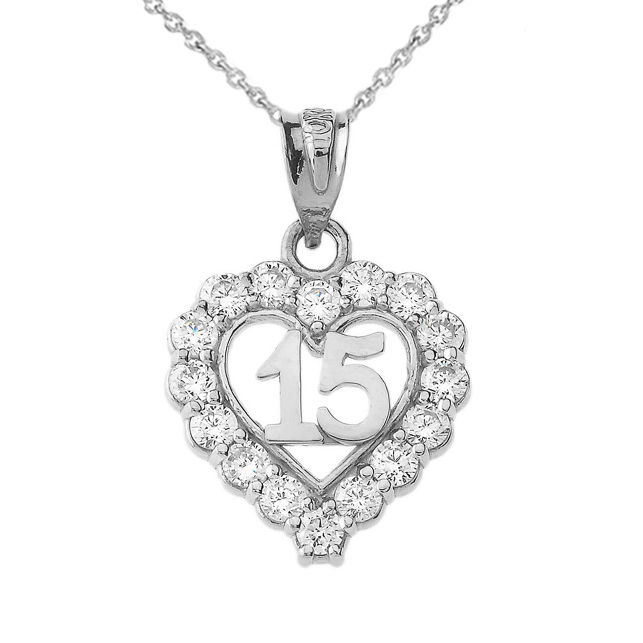 Silver Sweet 15 Anos Quinceanera Pendant Necklace with Cubic Zirconia Heart  with Butterfly