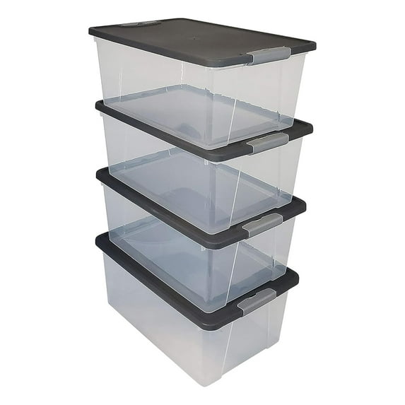 15 Quart Clear Plastic Stackable Storage Container, Organizer Bin with Gray Latching Lid for Storage Room, Garage, Living Room, Bedroom, 4 Pack