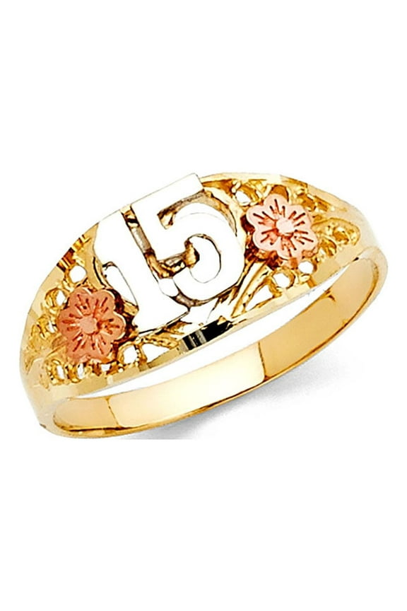 15 Quinceanera Band Solid 14k Yellow White Rose Gold Flowers Tapered Ring Tri Color 8MM Size 5