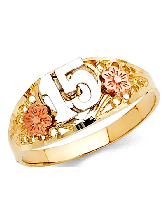 15 Quinceanera Band Solid 14k Yellow White Rose Gold Flowers Tapered Ring Tri Color 8MM Size 8.5