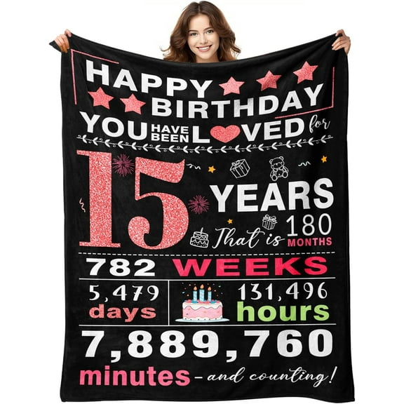 15 Quinceanera Gifts - 15 Year Old Girl Gift - 15th Birthday Blankets for Girls - Teenager Girl Bday Present Ideas - 15th Birthday Decorations for Girls Blanket