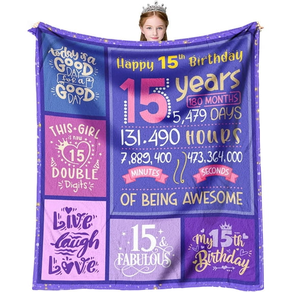 15 Quinceanera Gifts - 15 Year Old Girl Gifts for Birthday - Gifts for 15 Year Old Girls - 15th Birthday Decorations for Girls - 15th Birthday Gifts for Teen Girls Throw Blanket 60 x 50 Inch