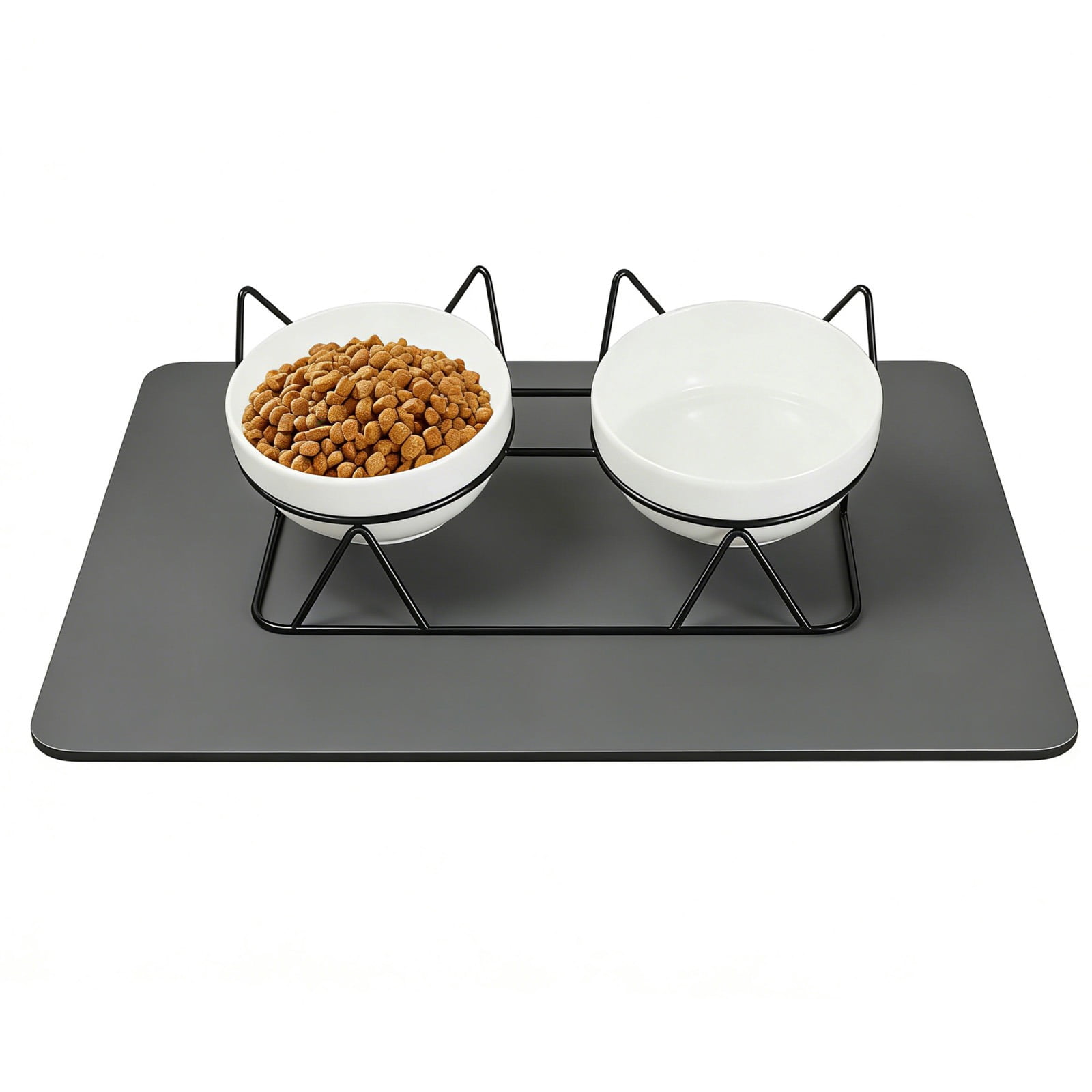 15° Raised Ceramic Cat Bowls, Anti-Vomiting Tilted Double Bowls with Absorbent Waterproof Pet Feeding Mat