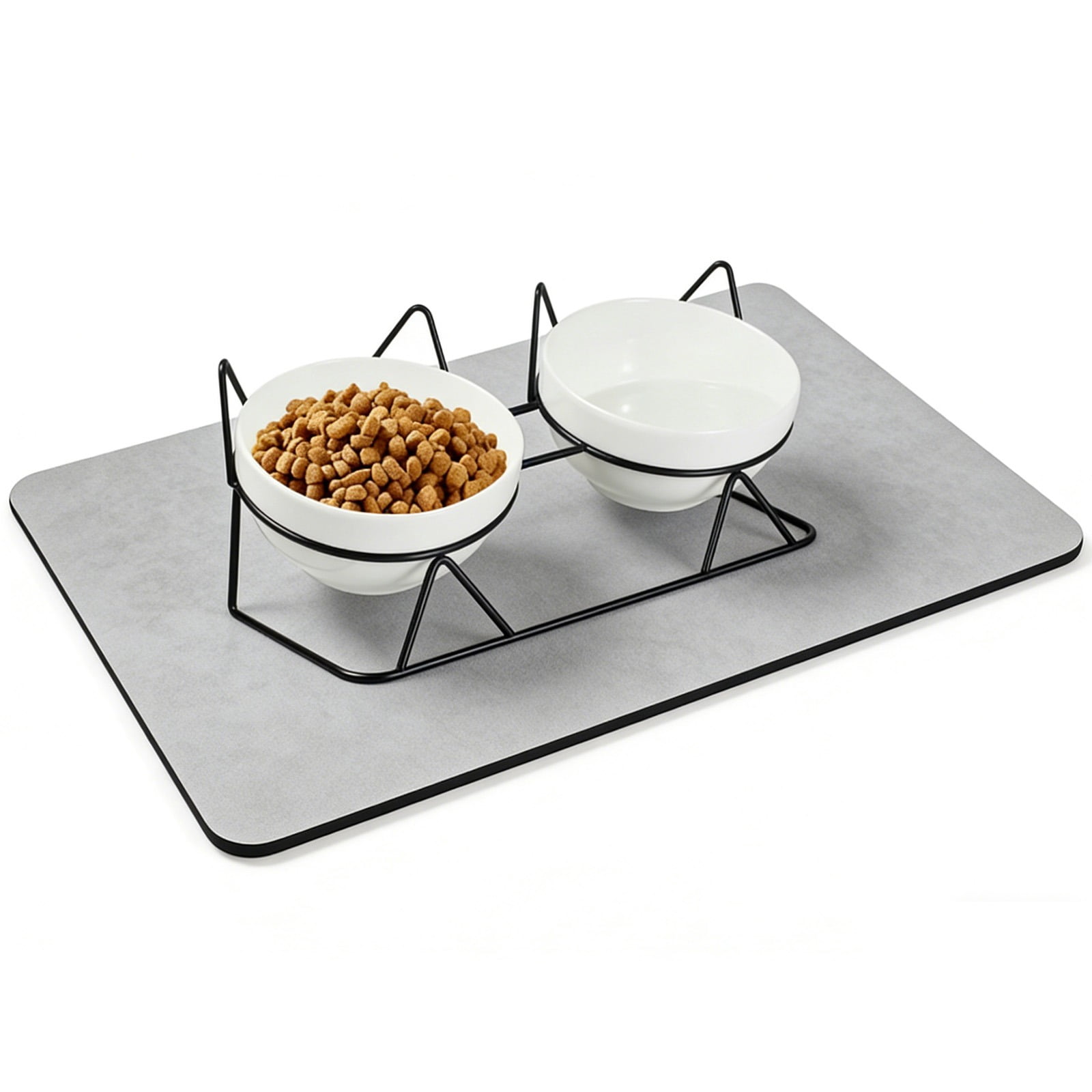 15° Raised Ceramic Cat Bowls, Anti-Vomiting Tilted Double Bowls with Absorbent Waterproof Pet Feeding Mat