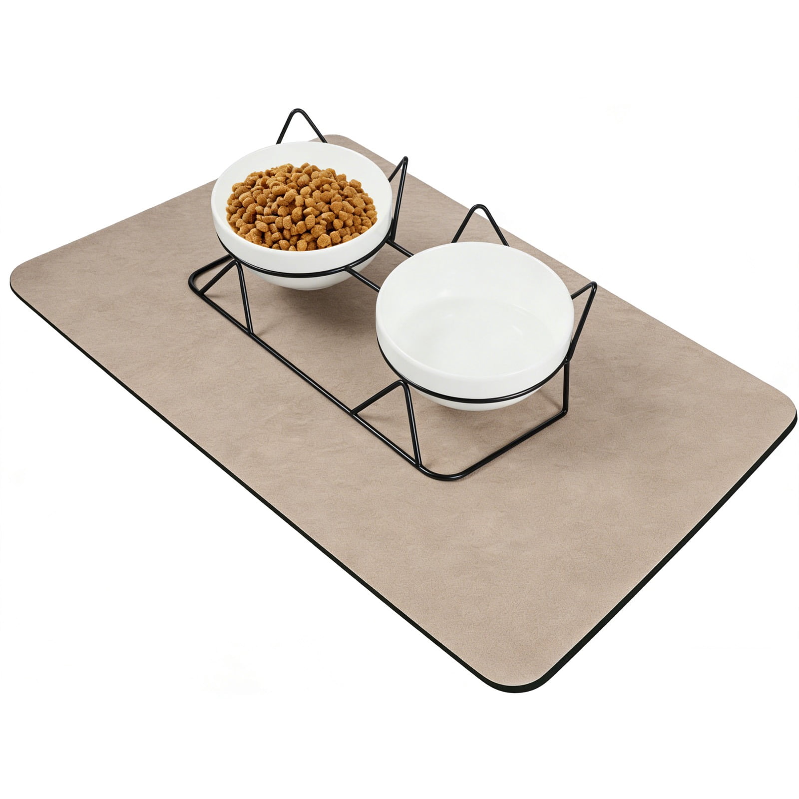 15° Raised Ceramic Cat Bowls, Anti-Vomiting Tilted Double Bowls with Absorbent Waterproof Pet Feeding Mat