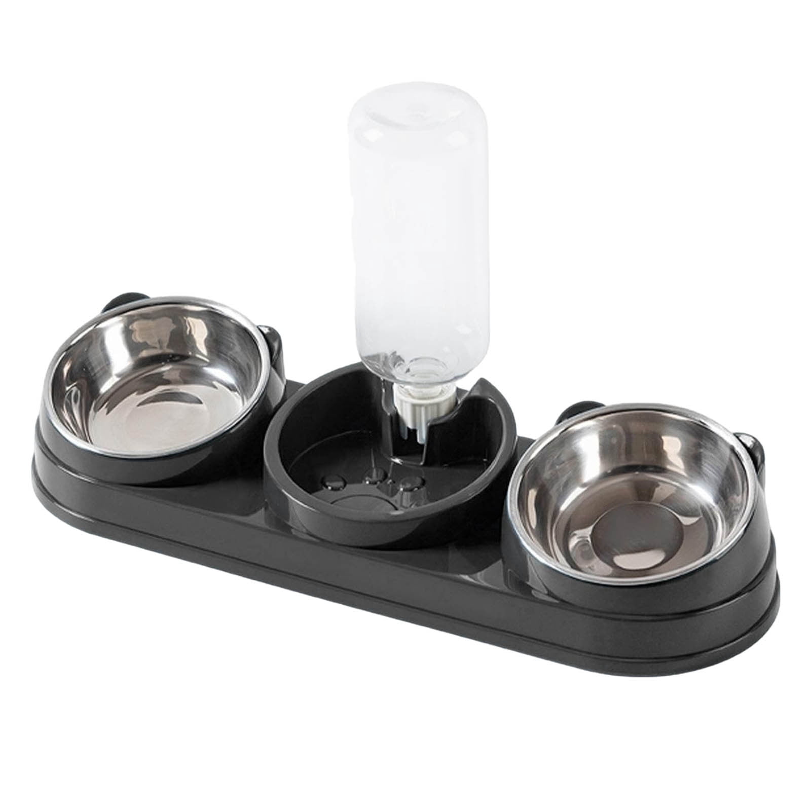 15Â° Raised Triple Cat Bowls Set Stainless Steel Pet Feeder with 16.9oz/500ml Automatic Water Dispenser Non- Food Water Bowl for Small Dog Rabbit Indoor Pet Grey