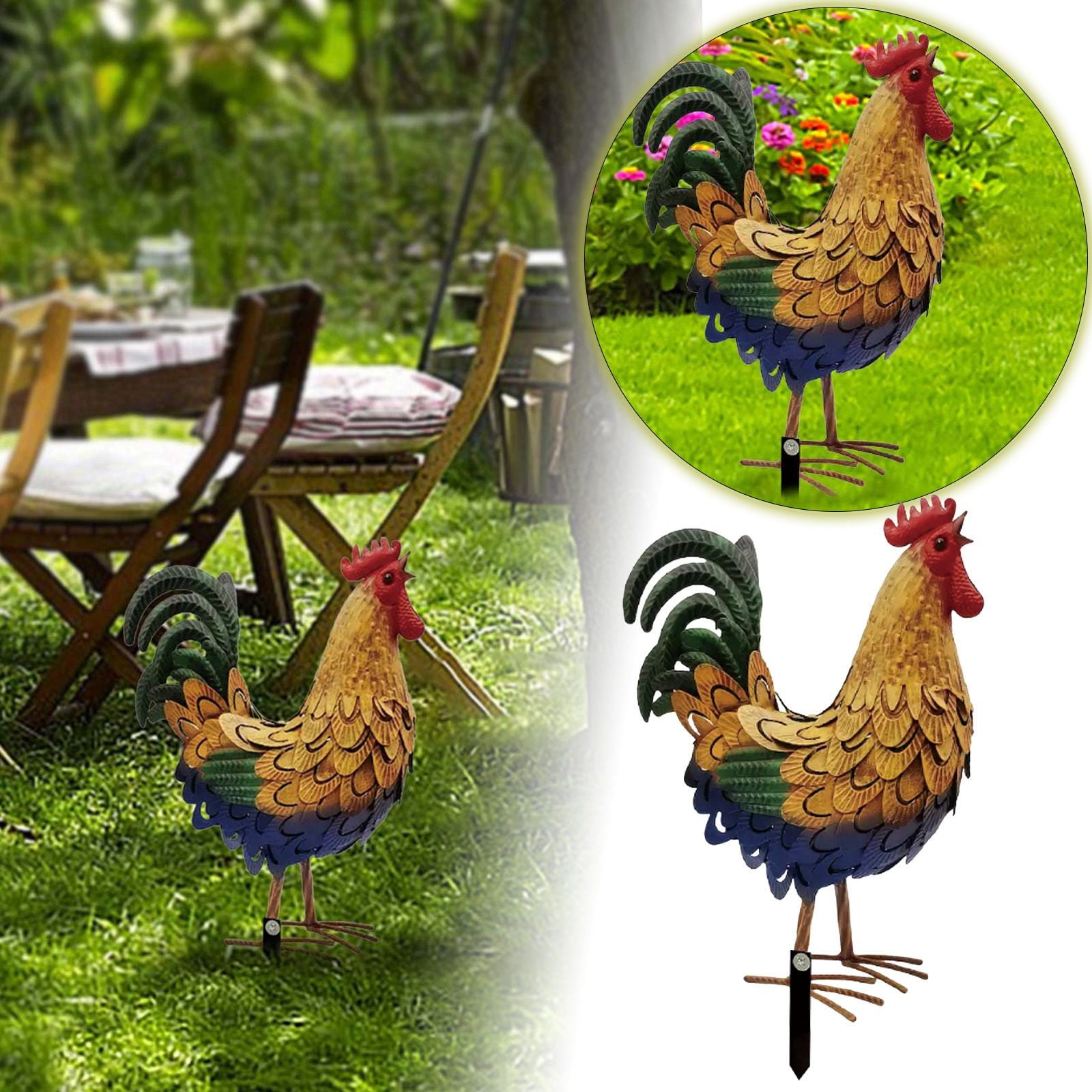 15" Red Metal Rooster Statue - Rustic Chicken Garden Sculpture for Outdoor Decor, Weatherproof Yard Art for Patio, Porch & Spring Lawn Ornaments