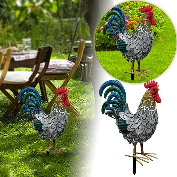15" Red Metal Rooster Statue - Rustic Chicken Garden Sculpture for Outdoor Decor, Weatherproof Yard Art for Patio, Porch & Spring Lawn Ornaments