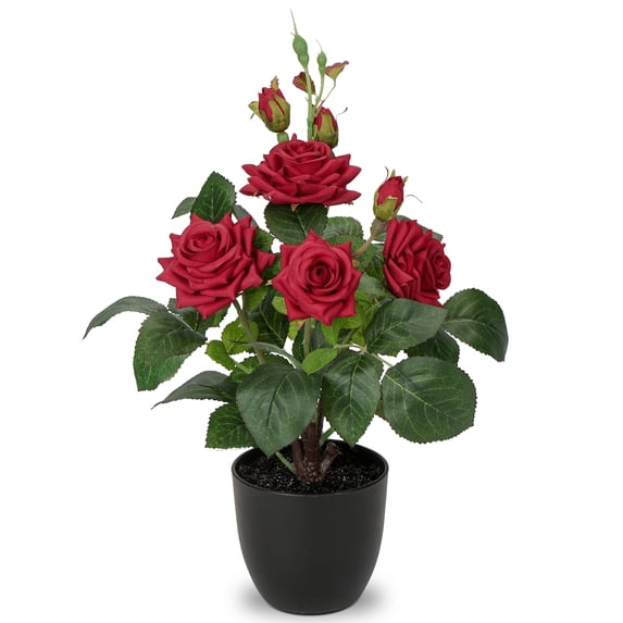 15" Red Roses Artificial Flowers Potted Plant Faux Silk Flower with Black Pot Fake Rose Flower Arrangements Home Decor