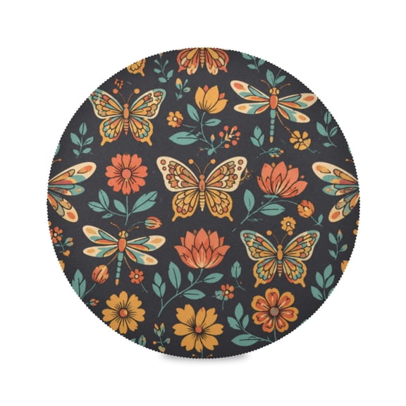 15" Retro Bug Printed Round Placemats Set of 4 Heat Resistant Table Mat for Kitchen for Party Deco