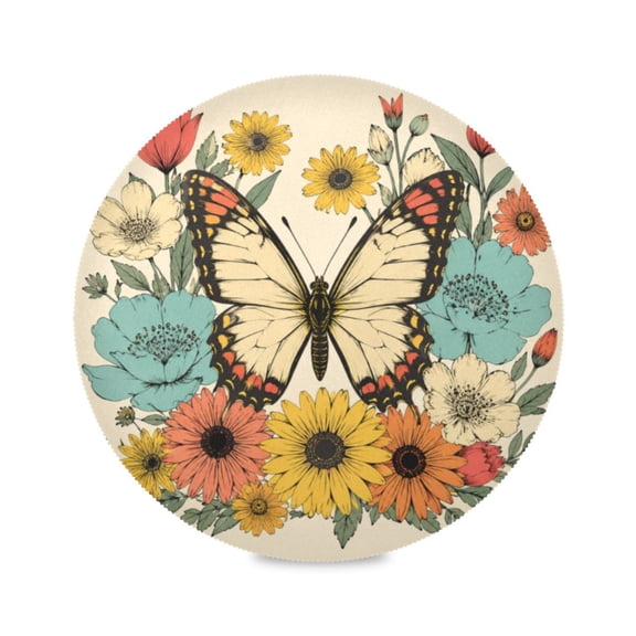 15" Retro Butterfly Printed Round Placemats Set of 1 Heat Resistant Table Mat for Kitchen for Party Deco