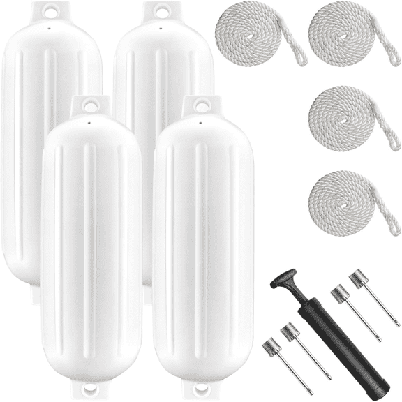 15" Ribbed Inflatable Marine Fender in White|Heavy Duty Boat Bumper with 4.5ft Rope & Stainless Steel Hanger Hook|Essential Summer Sailing & Docking Safety Gear