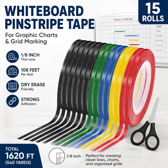 15 Rolls 1/8 Inch Whiteboard Pinstripe Tape, 108 Feet Per Roll, Thin Line Dry Erase Board Tape for Graphic Charts and Grid Marking