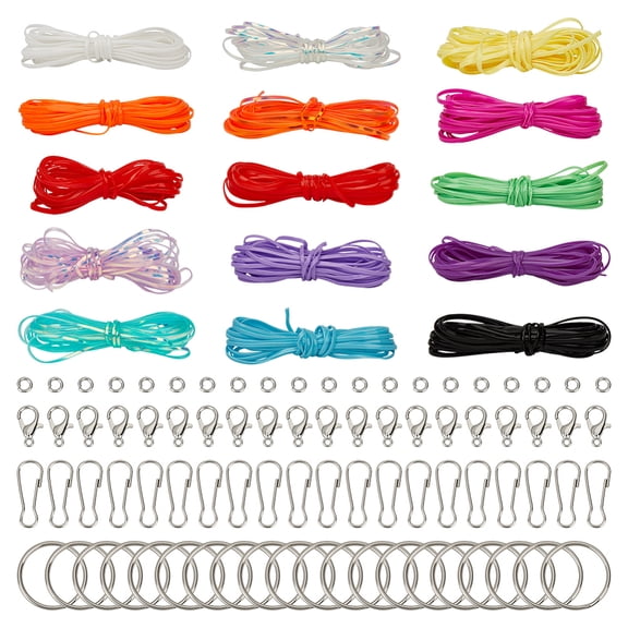 15 Rolls Lanyard String Kits Mixed Color Gimp String PVC Lacing Cord Elastic Strings with Alloy Lobster Claw Clasps Brass