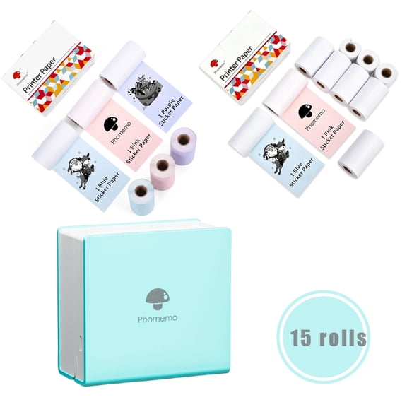 [15 Rolls] PHOMEMO 53mm Adhesive Thermal Sticker Paper, Black on Pink Blue Purple for M02/M02S/M02 Pro/M03/TP31 Mini Printer, Bulk Phomemo Printer Paper, 15 Rolls
