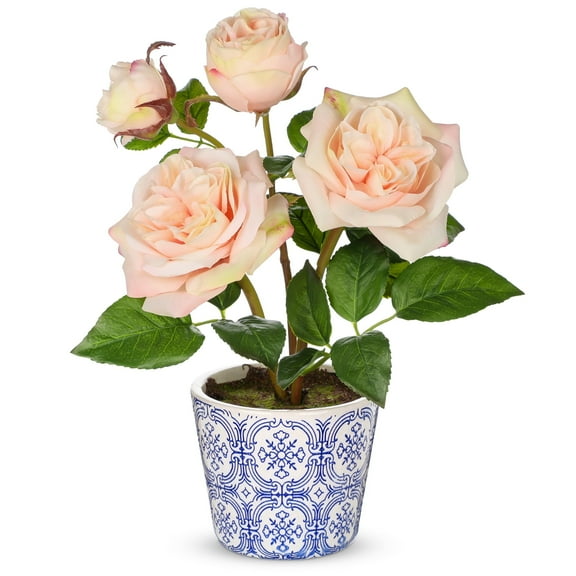 Briful 13.4" Artificial Rose Flowers in Blue and White Porcelain Vase Fake Pink Roses Potted Flower Arrangement in Vase Home Office Wedding Party Table Centerpiece Decor