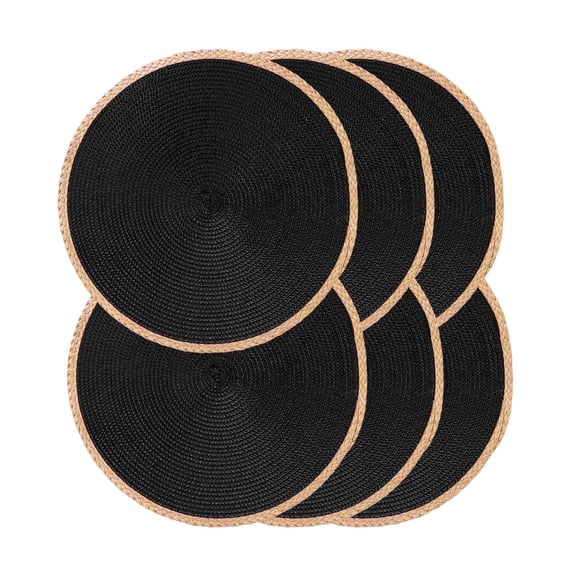 Mrehloy 15" Round Braided Placemats Set of 6, Black Woven Table Mats, Heat Resistant & Washable, Indoor Outdoor Kitchen Dining Decor