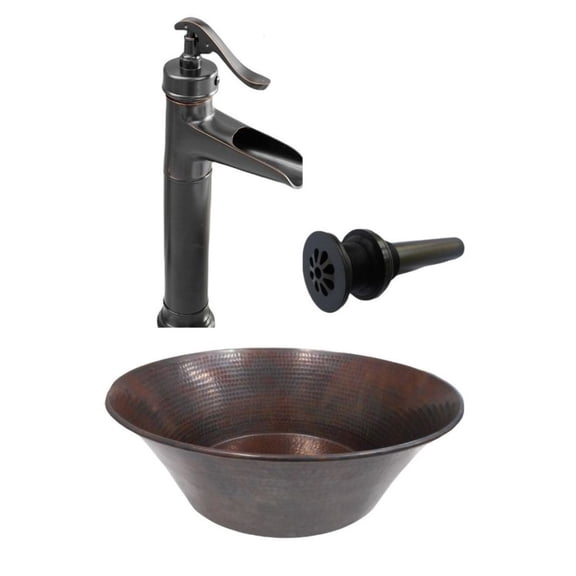 15" Round Copper CAZO Vessel Bathroom Sink, Faucet Kit Included