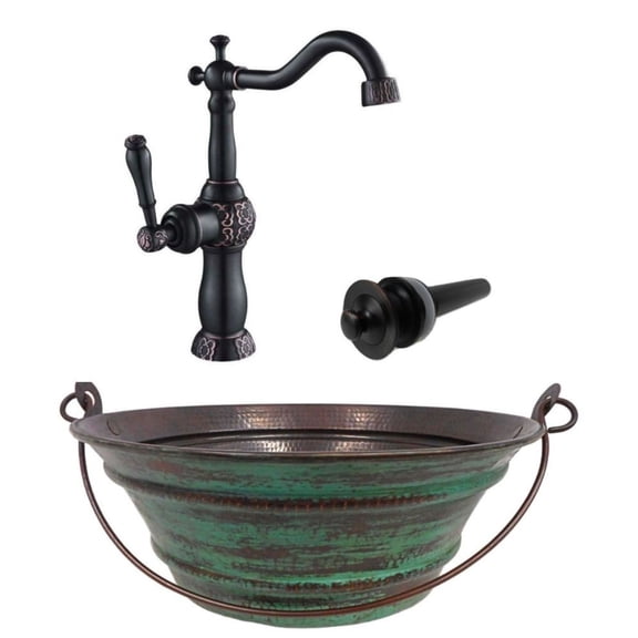 15" Round Copper Vessel BUCKET Bath Sink Green Patina Exterior, Faucet Kit Included