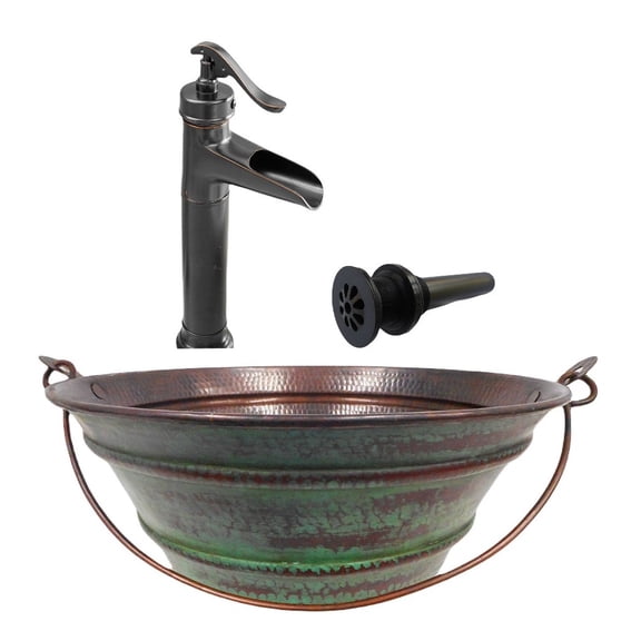 15" Round Copper Vessel Bucket Bath Sink with Green Patina Distressing, Pump Faucet Kit Included