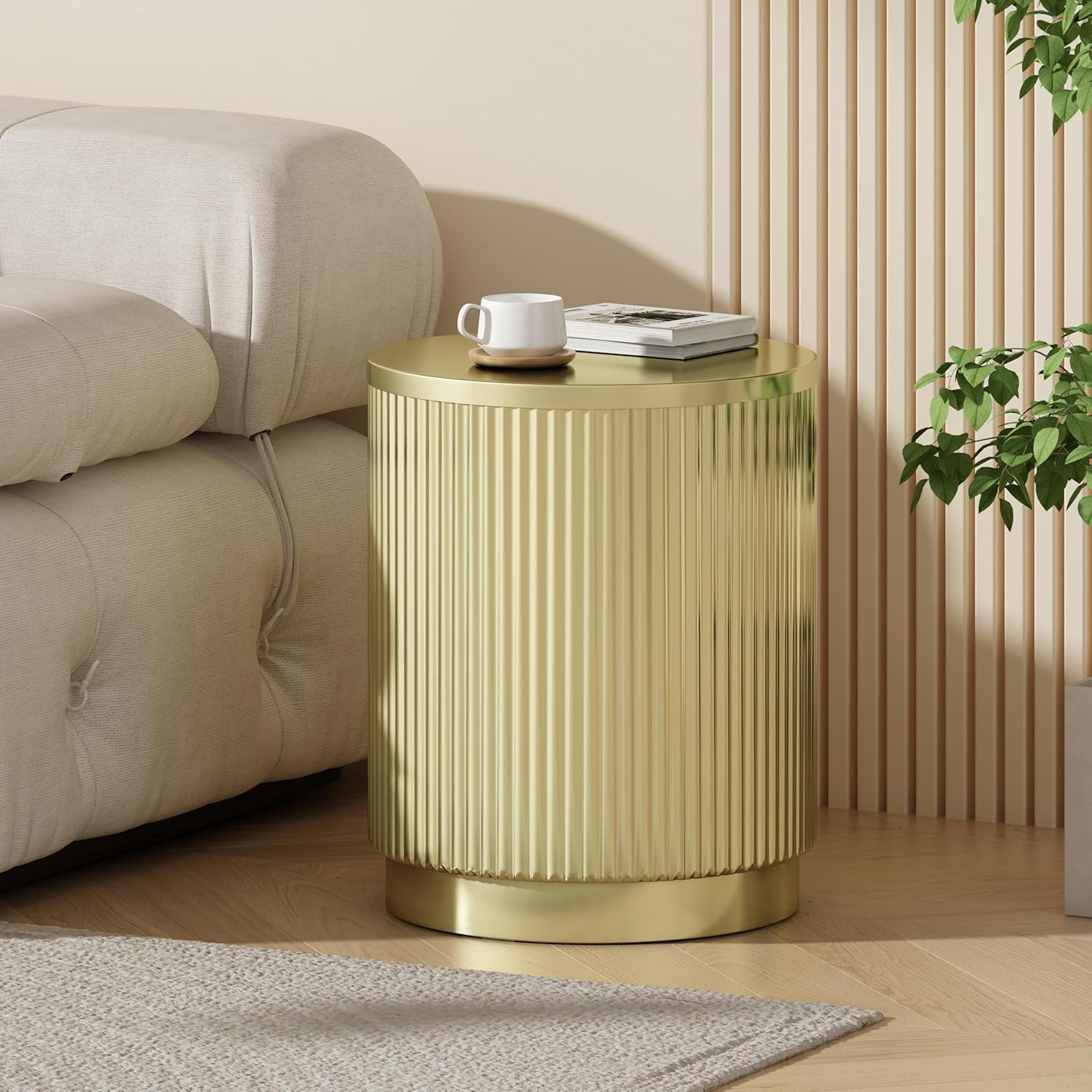 15" Round Metal Hollow End Table with Vertical Stripes, Modern Luxury Metal Side Table,Heavy Duty Small Gold Bedside Table Nightstand Accent Table Living Room Table for Living Room No Assemble