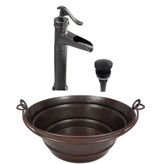 15" Rustic Copper Vessel Bucket Bathroom Sink, Faucet Kit Included